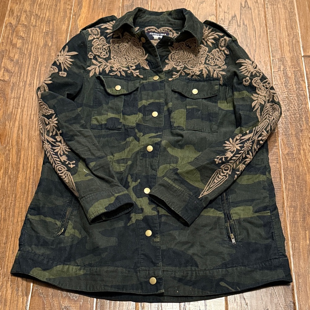 Johnny Was Black and Green Embroidered Utility Jacket